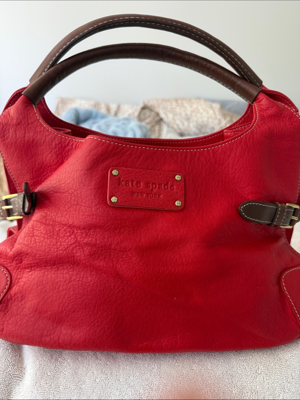 Kate Spade New York Red Pebbled Leather Hobo Tote Bag Brown Buckle Trim Vintage